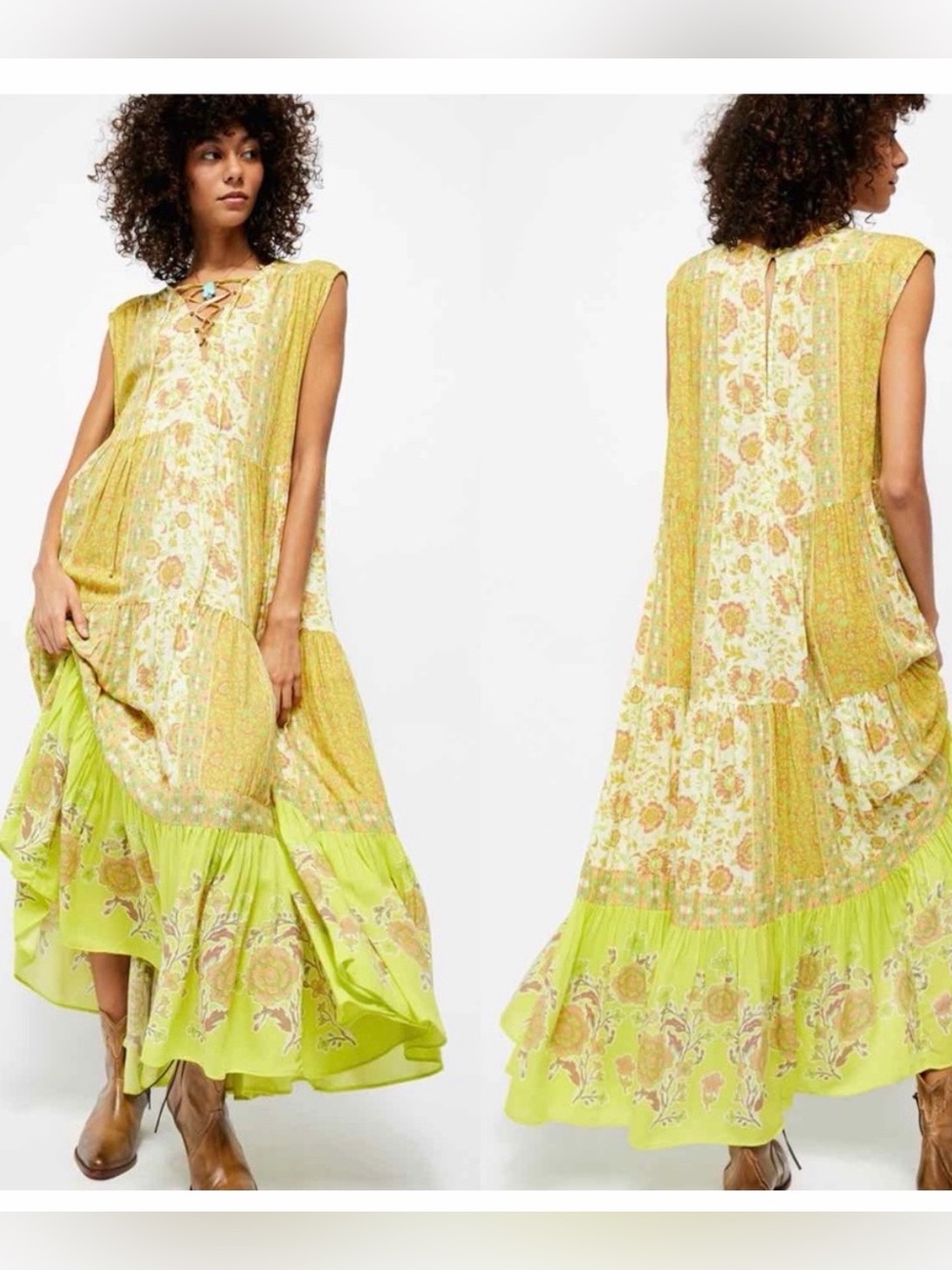 Free People Women’s Hanalei Bay Lace Up Tiered Coconut Milk Combo Maxi Dress S